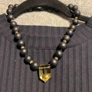 Never Worn 17" Rutilated Quartz, Matte Black Ceramic Beads,& Rhinestone Necklace